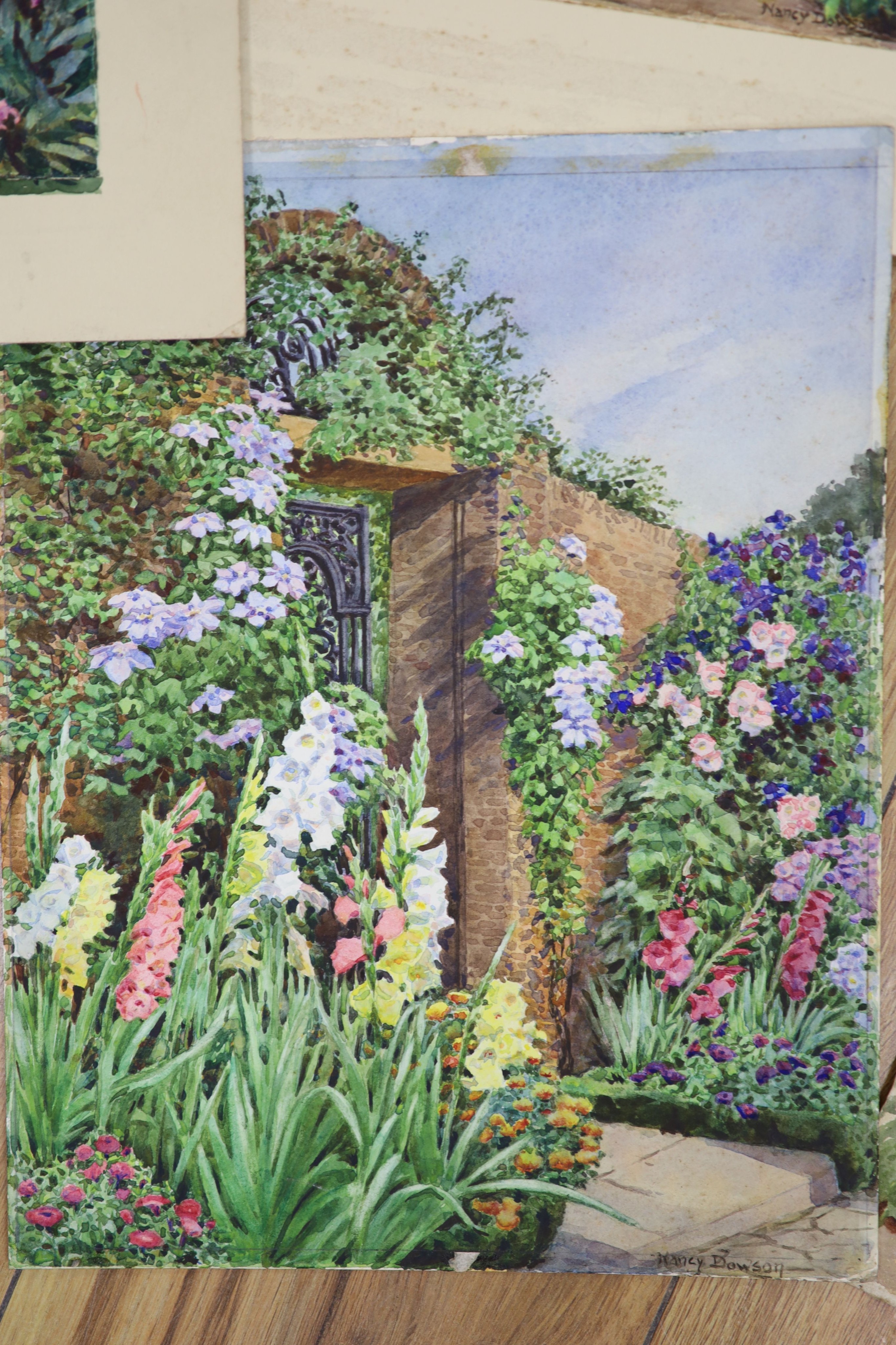 Howard Neville Walford (1864-1950), two cottage garden scenes and three similar watercolours by Nancy Dowson